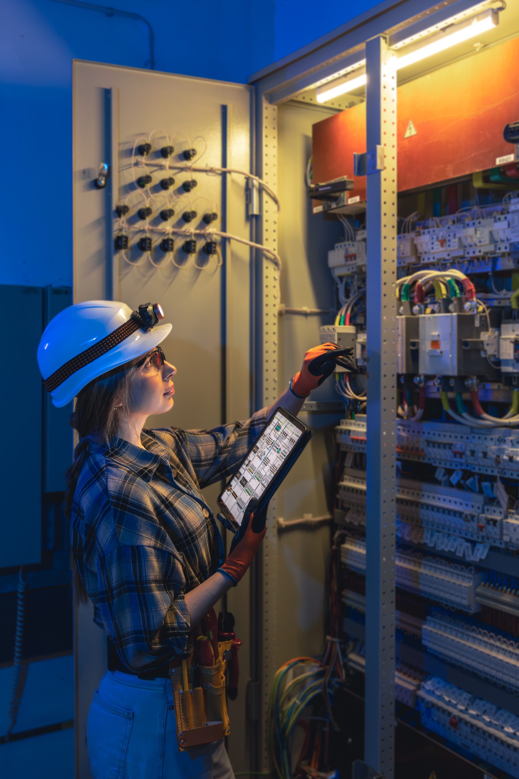 female electrician works at open control cabinet. technical audit.
